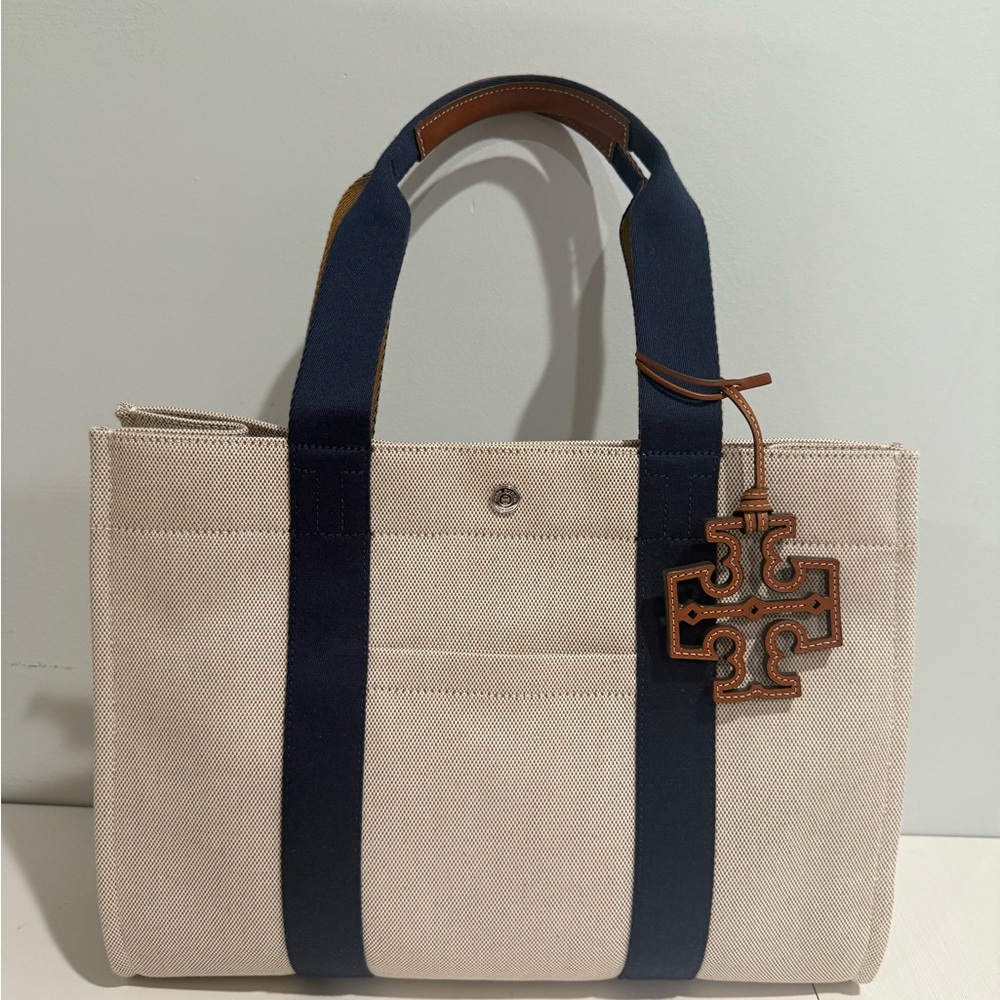 Tory Burch Tan and Navy Canvas Tote